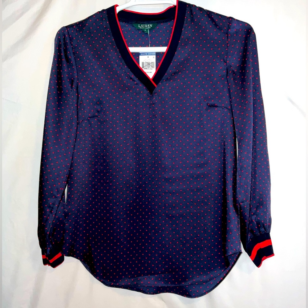 NWT Lauren Ralph Lauren Navy w/ red Polka Dots Long Sleeve V-Neck Blouse  Medium